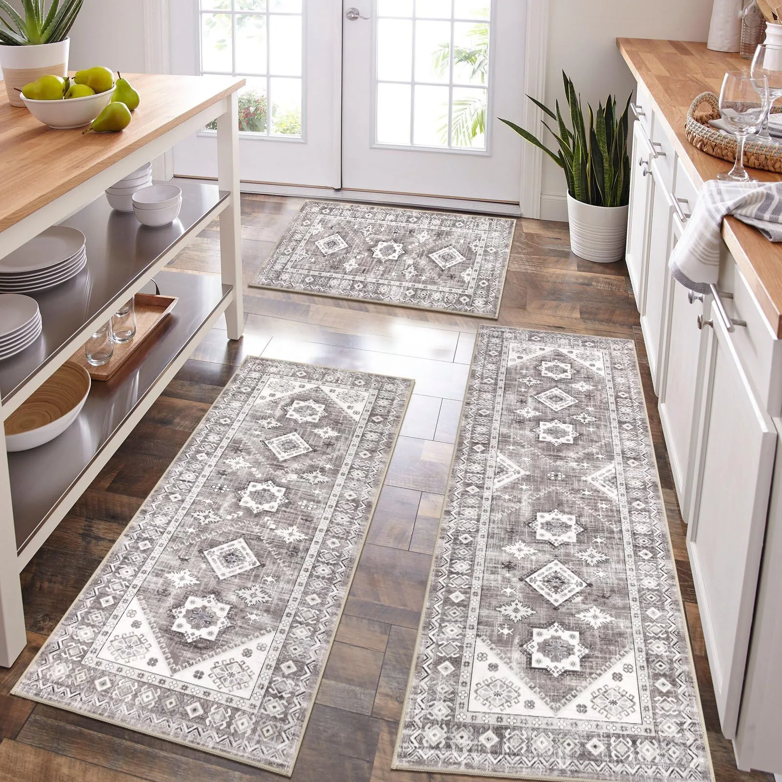 Set 3 Covoare Runner, Model Bohemian, Maro Deschis, Baza Antiderapanta, 50x150cm, 50x120cm, 50x80cm, pentru Bucatarie, Baie, Sufragerie, Intrare - imagine 1